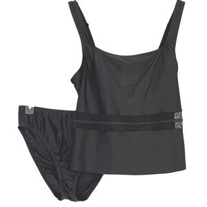 Speedo Womens Black Tankini Swim Top Bikini Bottom Set Size 14 Mesh Detail